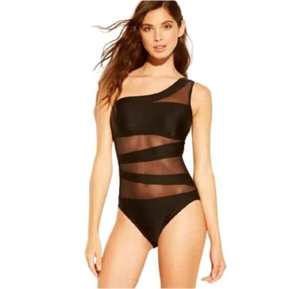 Women's‎ One Piece Swimsuit Mesh Front Asymmetrical One Shoulder Long - Picture 1 of 8